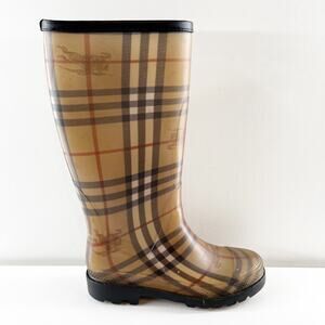 Burberry Haymarket Nova Check Knee High Rubber Rain Boots Tan Brown 37 / 7